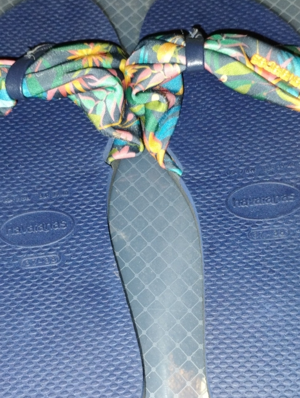 Havaianas Womens Navy Blue Flip Flops with Tropical Fabric Straps